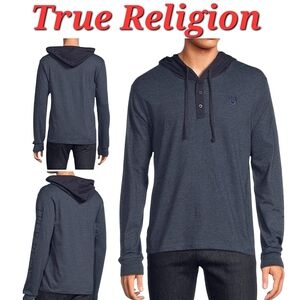 True Religion Hooded Henley Shirt Dark Blue Heathered Cotton Blend Size Medium